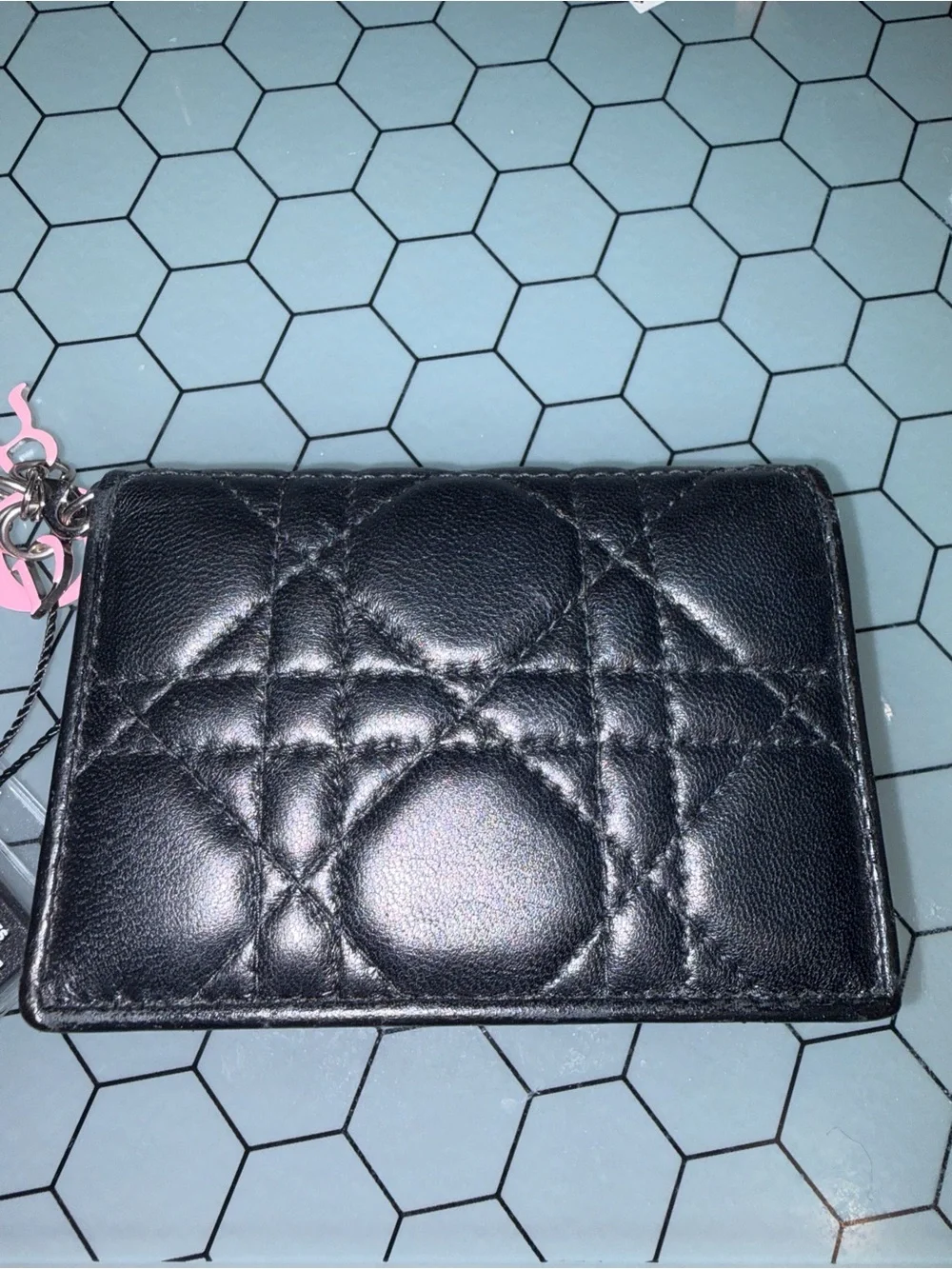 Dior Lady Bloom Black Cannage Lambskin Card Holder with Pink Charms